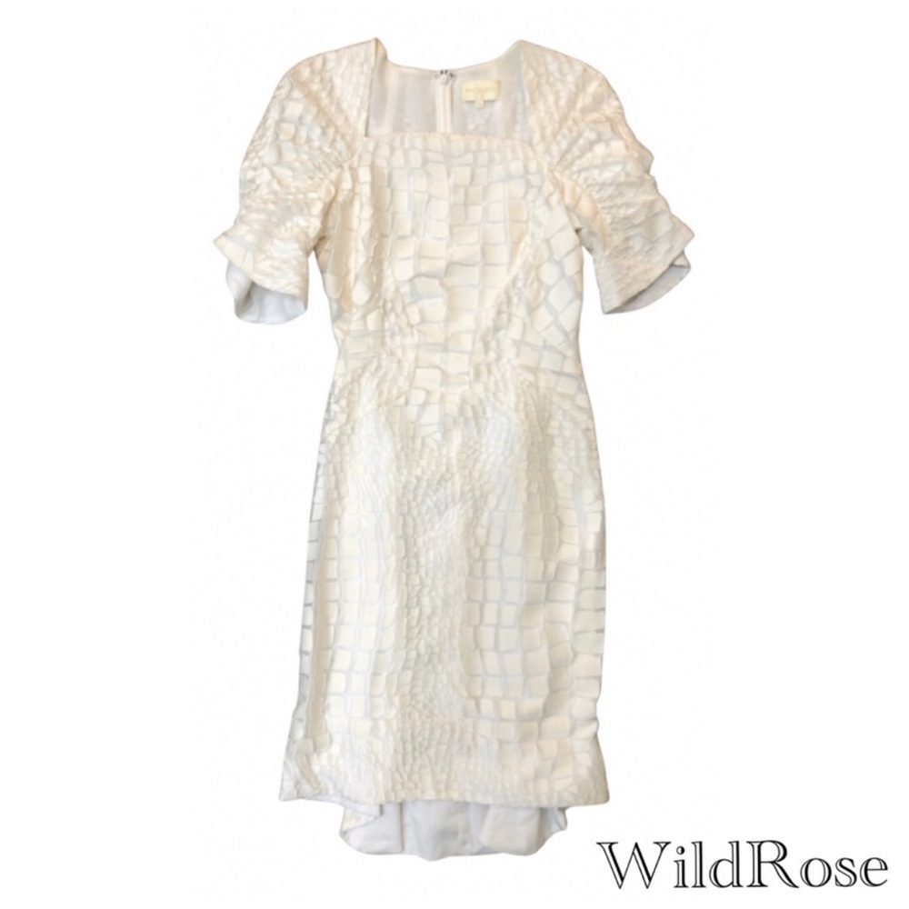 Zac Posen Cream Textured Silk & Cotton Fitted Flounce Cocktail Dress